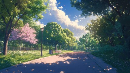Obraz premium A paved pathway winds through a lush park, with dappled sunlight filtering through the trees and casting shadows on the ground.