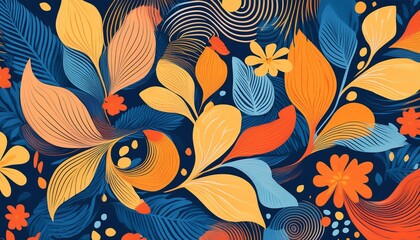 Vibrant Abstract Pattern of Leaves, Flowers, and Shapes on Blue, Orange, and Yellow Background Artistic Floral Design for Fashion and Beauty Inspiration