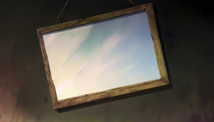 A slightly tilted picture frame hanging on the wall