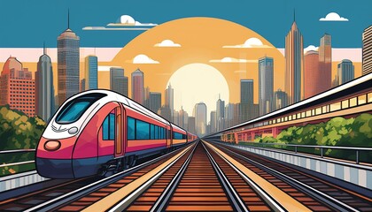 Naklejka premium Cityscape train travel with skyscrapers in background on tracks in illustration of business trip journey beaucoup beauty art