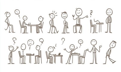 Hand-drawn stick figure illustrations of people in different poses and situations.