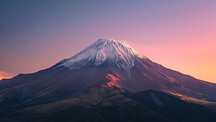 a dome mountain with a snow-capped summit against a pastel sunrise