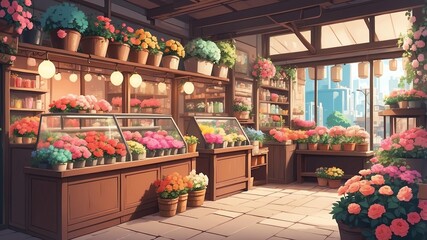retro style anime flower shop illustration background