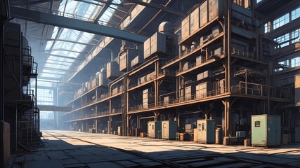 retro style anime factory illustration for background