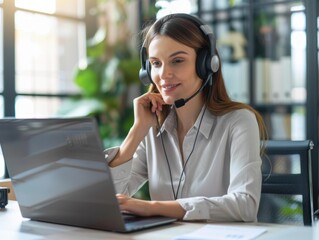 Young woman working at home on a laptop while wearing a headset, engaged in a virtual meeting © Dream maker