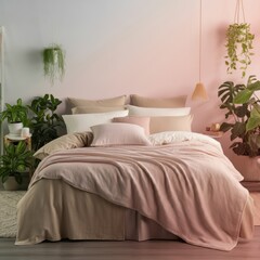 A serene bedroom with soft lighting , lush plants , and cozy bedding promotes sleep optimization.