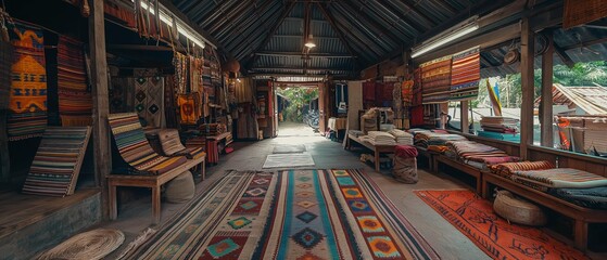 Obraz premium AI generator image of shop selling hand-woven fabrics, handmade products, Folkcharm, Local hand-woven fabric, folk art of Thai people, Asia