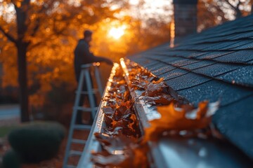 person on ladder cleaning autumn leaves from house gutters crisp fall colors suburban setting late afternoon light