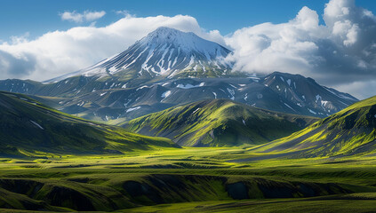 a dome mountain with a snow-capped summit and a lush green valley