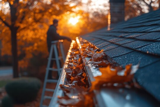 person on ladder cleaning autumn leaves from house gutters crisp fall colors suburban setting late afternoon light