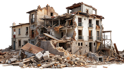 Destroyed buildings after earthquake isolated on white t background.AI GENERATED