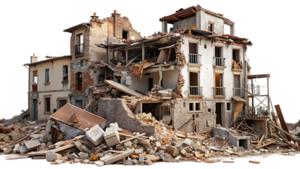Destroyed buildings after earthquake isolated on white t background.AI GENERATED