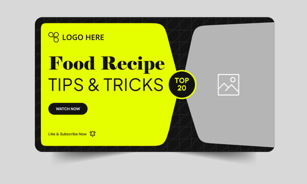 Delicious food recipe pro tips and tricks video thumbnail banner design, daily food review thumbnail cover banner design, editable vector eps 10 file format