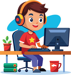 a boy is playing games in hi pc vector