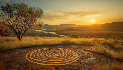 Aboriginal Rock Art at Sunset.