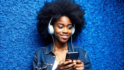 Black woman with afro hair listening to music on mobile in front of a blue wall
