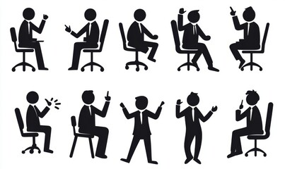 Fototapeta premium Set of black stick figures in different poses, sitting and standing.
