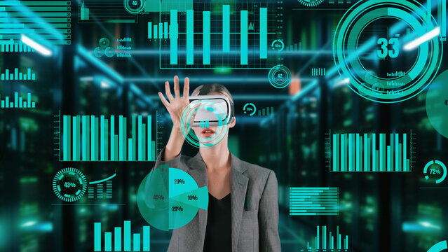 Businesswoman data searching dynamic market data scatter graph analysis monitor by VR future global innovation interface digital infographic network technology visual hologram animation. Contraption.