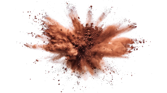 bright chocolate paint color powder festival explosion burst isolated white background.