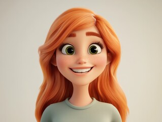 Smiling redhead cartoon girl with green eyes.
