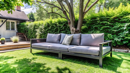 Comfortable gray sofa placed near lush green trees on terrace with grassy lawn on sunny summer day in house garden
