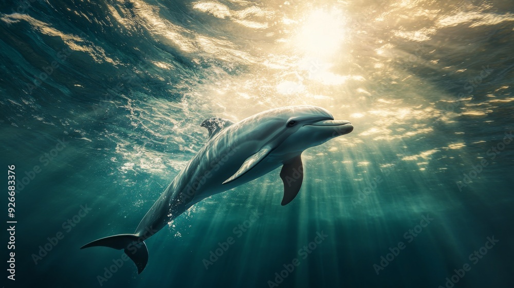 Poster a detailed shot of a dolphin swimming just beneath the water's surface, with its body partially visi