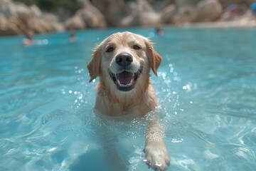 playful labrador retriever midswim in crystalclear blue water mouth open in a grin creating ripples and splashes around its sleek glistening coat