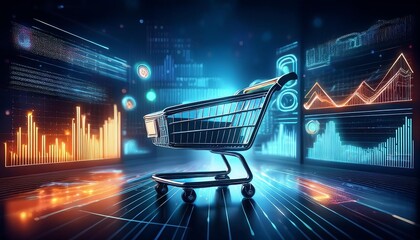 A Design Featuring Shopping Cart, E-commerce Metrics, Data Visualization, Futuristic Background, Generative AI