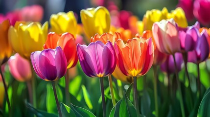 A detailed shot of a field of colorful tulips in full bloom, showcasing a spectrum of hues and the lush green foliage surrounding them