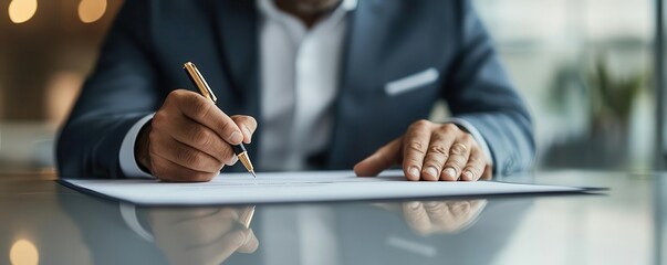 CEO signing bankruptcy reorganization documents, symbolizing corporate restructuring and financial turnaround