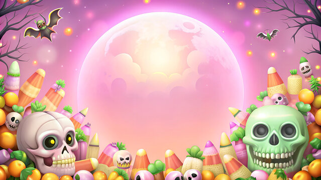 Halloween Candy Border with Skulls and Bats on Pink Moonlit Background with Copy Space