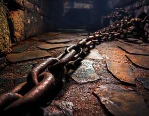 rusty chains on the floor of a dark dungeon