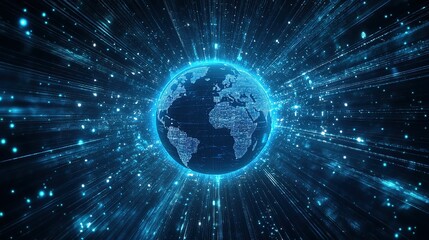 Fototapeta premium Digital Earth Surrounded by Blue Lines and Lights