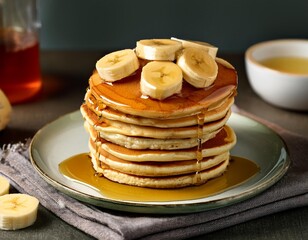 Stack of pancakes with banana and syrup