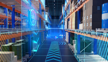 Warehouse technologies. Innovation in storage industry. Futuristic warehouse. Storage hangar with virtual screens. Modern warehouse technologies. Machine vision for logistics. 3d image