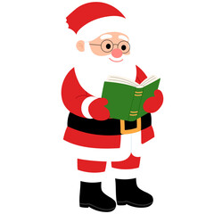 happy santa claus wearing eye glasses is standing and reading book illustration 