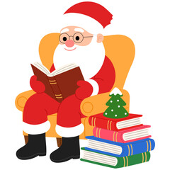 happy santa claus wearing eye glasses is sitting on yellow chair and reading book , books and little christmas tree near yellow chair illustration 