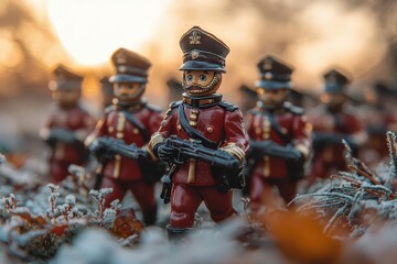 Naklejka premium regal line of toy soldiers vibrant red uniforms golden details misty morning field nostalgic atmosphere
