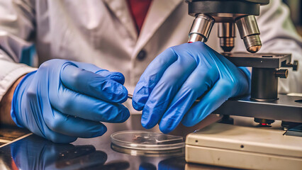 Crop view of hand of researcher in blue rubber gloves using medical equipment for doing test in laboratory
