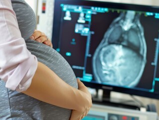 Expecting mother at ultrasound appointment with a visible baby bump