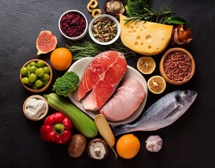 Top view of fresh meat, fish, vegetables, fruits and cheese