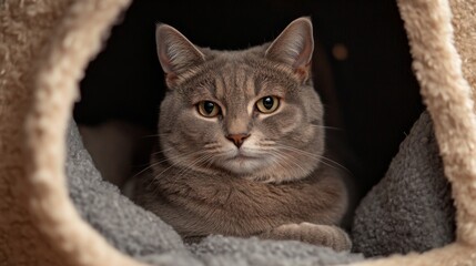 A detailed shot of a plump cat sitting in a cozy nook, with its soft fur and rounded form highlighted against a simple, neutral background.