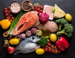 Top view of fresh meat, fish, vegetables, fruits and cheese