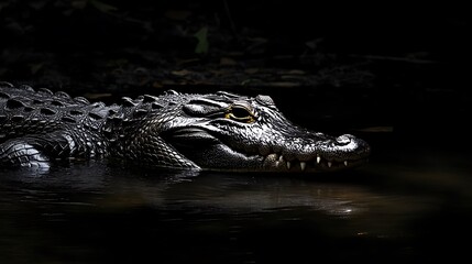 Fototapeta premium A close-up of a crocodile's head with sharp teeth and a scaly, black skin as it peeks out from the dark water.