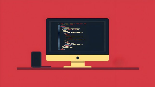Computer with Code on Screen, Minimalist Design.