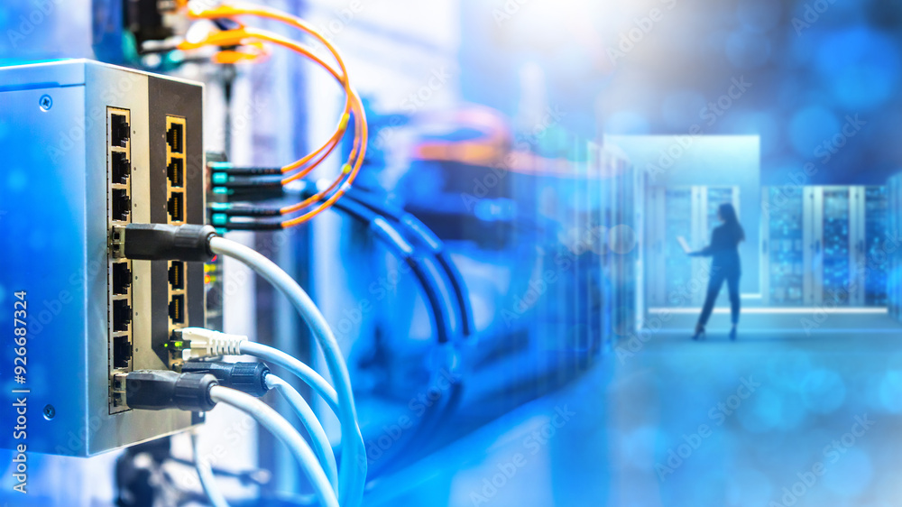 Poster network technologies. telecommunications center. internet switch in server room. hosting center with
