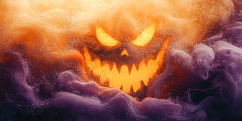 Fototapeta premium Fierce jack-o'-lantern face emerging from the mist. Ideal for horror-themed projects and Halloween designs.
