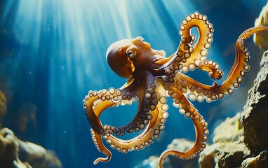 Obraz premium A close-up of a vibrant octopus with its tentacles outstretched in a blue underwater environment.