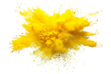 bright yellow paint color powder festival explosion burst isolated white background. industrial print concept background