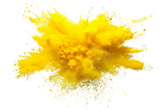bright yellow paint color powder festival explosion burst isolated white background. industrial print concept background